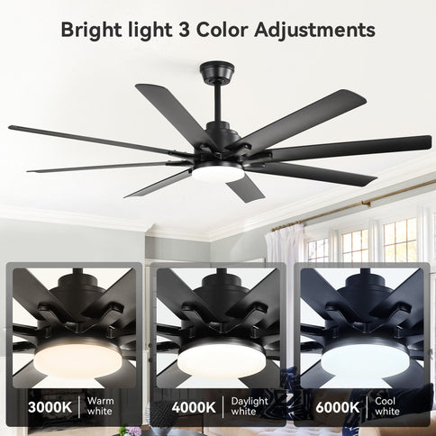 Smart Ceiling Fan With 8 Blades, Voice Remote Control, 6 Wind Speeds, Reversible DC Motor, 3 Color Lighting - Black