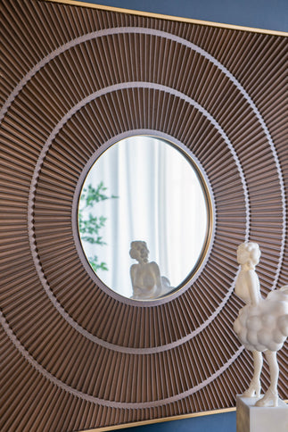 Square Carved Mirror With Pleated Design WithIron Frame, Neutral Colorway Wall Decor For Living Room Bathroom Entryway