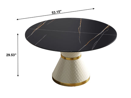 53.15" Modern Artificial Stone Round Carbon Steel Base Dining Table, Can Accommodate 6 People - Black / White