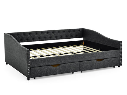 Upholstered Tufted Daybed With 2 Drawers, Waved Arms