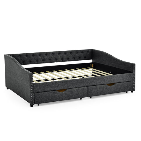 Upholstered Tufted Daybed With 2 Drawers, Waved Arms
