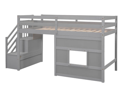 Loft Bed With Storage Staircase, Window & LED Light