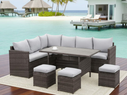 7 Piece Outdoor Dining Set With Cushions, Modular Sectional Sofa And Table