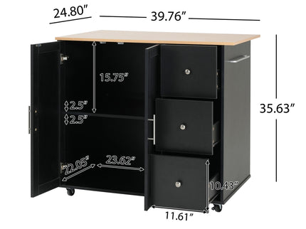 Mobile Kitchen Cart With Storage With 2 Doors, 3 Drawers & Adjustable Shelf - Black / Natural