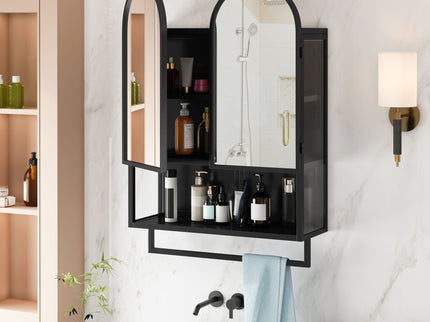 Double Arched Mirror Wall Cabinet With 2 Doors, Featuring Adjustable Shelves And Towel Rack