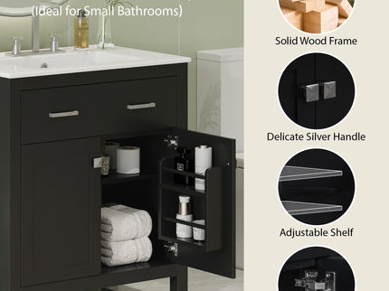 Bathroom Vanity With Ceramic Sink, Modern Single Bathroom Cabinet With 2 Doors And A Shelf, Soft Close Doors