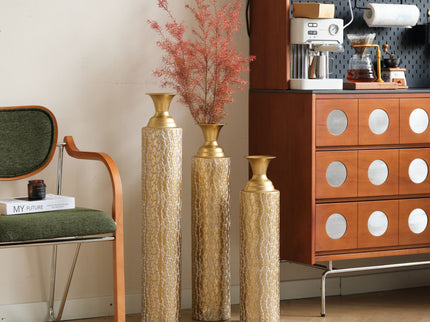 Metal Decorative Vases High Distress Metal Center Vases With Growing Vine Patterns, (Set of 3) Vases For Home Decoration - Gold