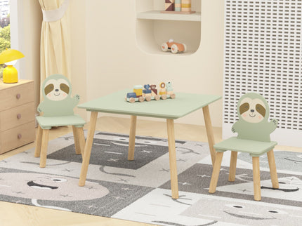 Sloth Themed Table And Chair Set With 2 Cute Animal Chairs - Natural Wood / Sage Green