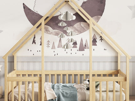 Wood House-Shaped Floor Bed With Fence, Guardrails