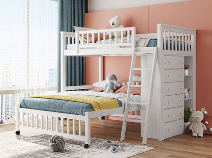 Bunk Bed With 6 Drawers And Flexible Shelves, Bottom Bed With Wheels