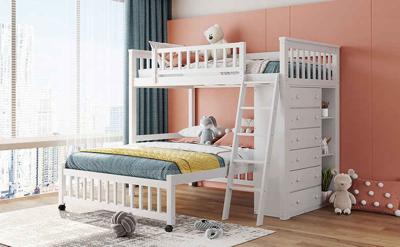 Bunk Bed With 6 Drawers And Flexible Shelves, Bottom Bed With Wheels