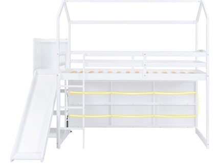 House Loft Bed With Slide, Storage Shelves And Light, Climbing Ramp