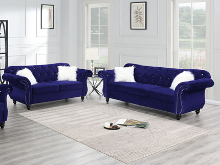 Upholstered Sofa Set With Crystal Tufted Seat And Nailhead Trim, 2 Piece Living Room Furniture - Indigo