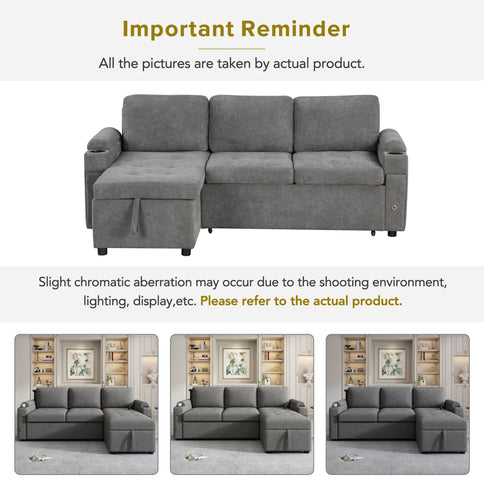 Convertible L Shaped Sofa Couch With Storage, Cup Holders, USB Ports