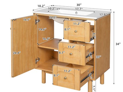 Bathroom Vanity With Sink, 3 Drawers, Soft Close Door - Natural Wood