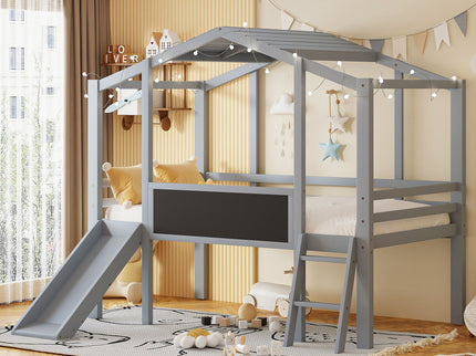 Loft House Bed With Ladder And Slide, With board And Light Strip On The Roof