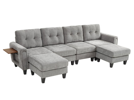Modular Sectional Sofa With Movable Ottomans, USB Ports & Side Tables