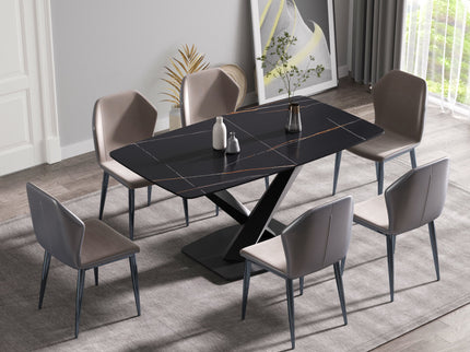 63" Artificial Stone Black Curved Black Metal Leg Dining Table - Black
