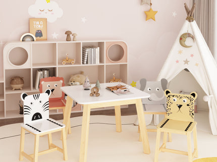 Kids Table And Chair Set With Cartoon Animals Design - White