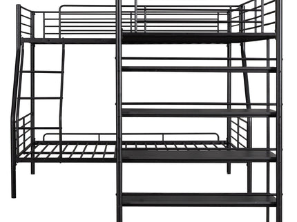 L-Shaped Twin Over Full Bunk Bed And Twin Loft Bed With 4 Built In Shelves - Black