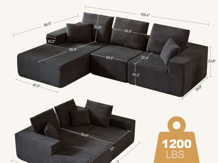 Modular Sectional Sofa With Chaise, L Shaped Cloud Couch With Deep Seat, Sectional Couches For Living Room - Black