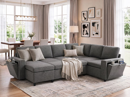 U - Shaped Convertible Sectional Sofa Bed With Storage, USB Charger & Cup Holders