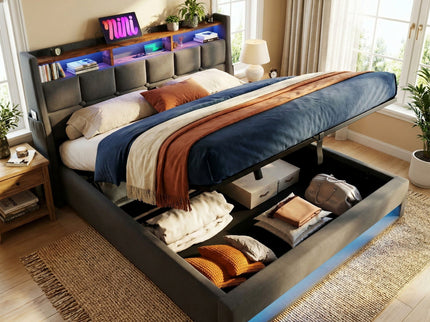 Platform Bed With Hydraulic Storage, LED Lighting & Charging Station