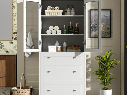 Freestanding Tall Bathroom Cabinet With Adjustable Shelves, Drawers, Soft Close Glass Doors