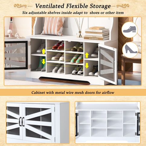 Entryway Bench With Coat Rack, 3 In 1 Design And Adjustable Shelves