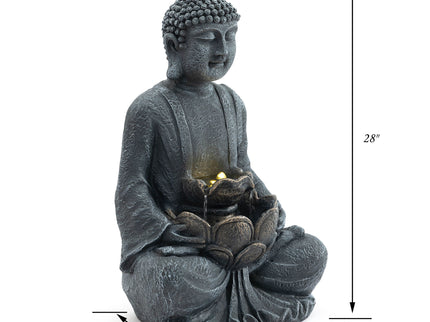 Zen - 2 Tier Meditating Buddha Water Fountain With Pump & LED Light - Gray