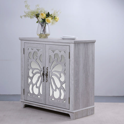 Elegant Sideboard With 2 Acrylic Mirrored Doors, Adjustable Shelf Storage