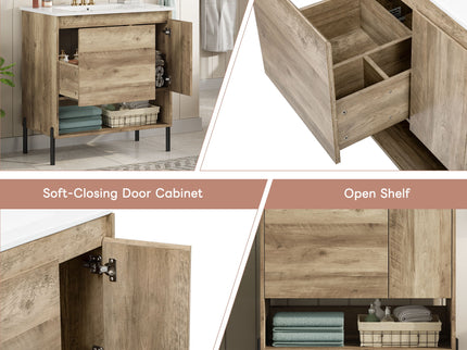 Bathroom Vanity Cabinet With Sink, Sliding Drawer, Soft Closing Door, Open Shelf - Natural Wood