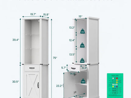 Pantry Cabinet With LED Lights And Barn Door With Tempered Glass Shelves - White