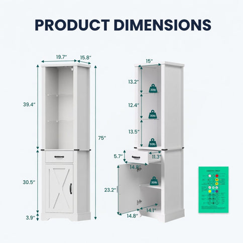 Pantry Cabinet With LED Lights And Barn Door With Tempered Glass Shelves - White