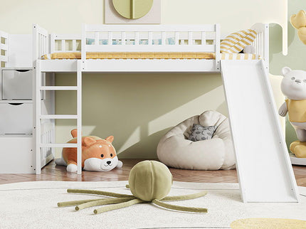 Loft Stairway Bed With 2 Drawers, Convertible Ladder And Slide