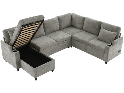 U-Shaped Sectional Sleeper Sofa With Ample Storage Space, 2 Cup Holders And Charging Ports For Living Room