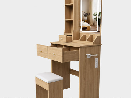 Small Vanity Desk With 3 LED Lighting Modes, 3 Drawers, Hair Dryer Holder, Power Socket, And Dressing Chair - Natural Walnut