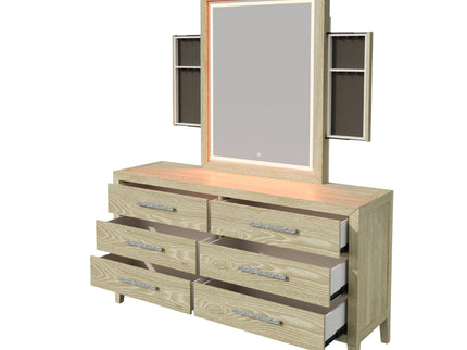 Adeline - 6 Drawers Dresser & Mirror With Jewelry Box & LED Light - Natural Wood Wash