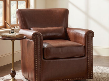 Swivel Accent Chair With Rolled Arm, Sewn Pillow Back, Nailhead Trim For Living Room