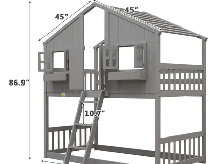 House Bunk Bed With Roof, Window, Window Box, Door, With Safety Guardrails And Ladder