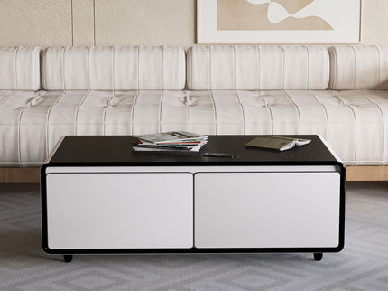 Modern Smart Coffee Table With Built-In Fridge, tooth Speaker, Wireless Charging Module, Touch Control Panel, Power Socket, USB Interface, Outlet Protection, Atmosphere Light