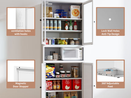 Kitchen Pantry Cabinet Tall Storage With Adjustable Shelves, Heavy Duty Stainless Steel Frame - White