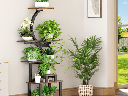 8 Tier Indoor Plant Stand With 5 Grow Lights For Living Room - Rustic Brown
