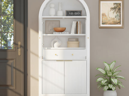 Fluted Tall Arched Pantry Cabinet With Adjustable Shelves, Glass Door & Hidden Drawer For Kitchen