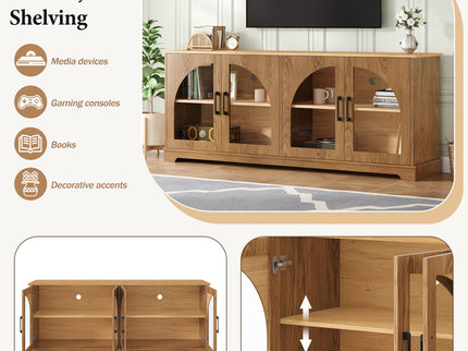TV Stand With Semi Arched Glass Doors, Media Console With Adjustable Shelves For Living Room - Brown