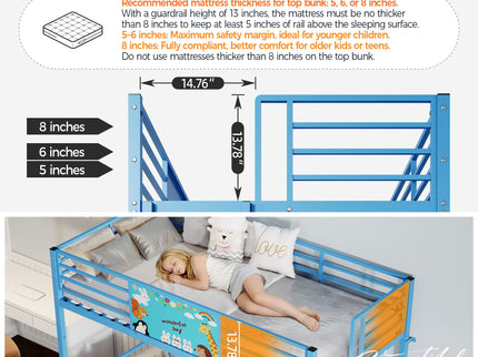 Bunk Bed, Convertible To 2 Separate Twin Size Beds With Full Length Guardrail & Ladder, No Box Spring Needed - Blue