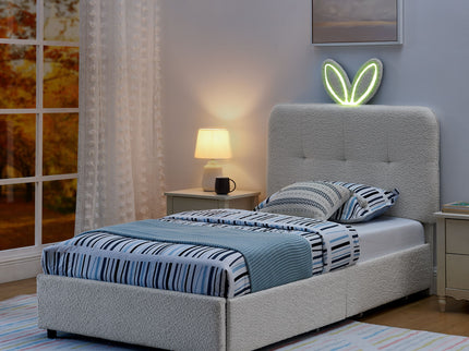 Upholstered Bed With Oversized Rabbit Ear Headboard, LED Lights & 4 Storage Drawers