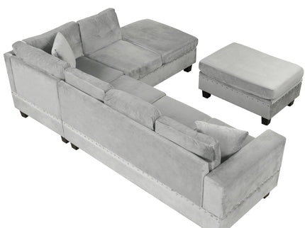 Modern Sectional Sofa With Storage Ottoman, L - Shape Couch With 2 Pillows And Cup Holders