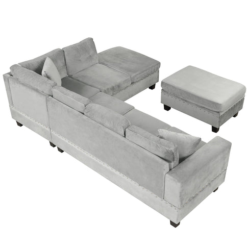 Modern Sectional Sofa With Storage Ottoman, L - Shape Couch With 2 Pillows And Cup Holders