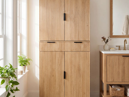 Fluted Kitchen Pantry Cabinet With 3 Keyboard Drawers & 6 Door Shelves Adjustable